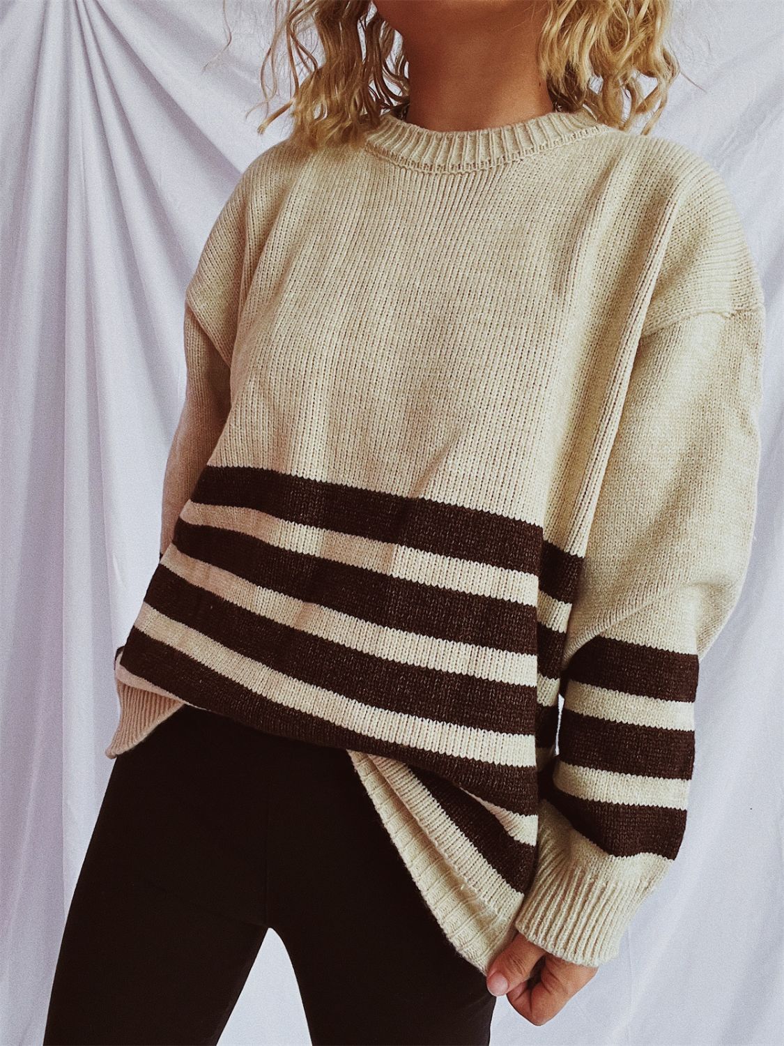 Striped Dropped Shoulder Long Sleeve Sweater