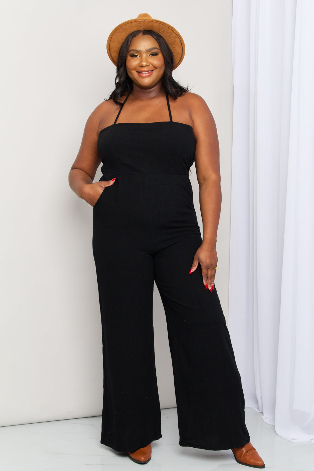 White Birch | Halter Neck Wide Leg Jumpsuit with Pockets