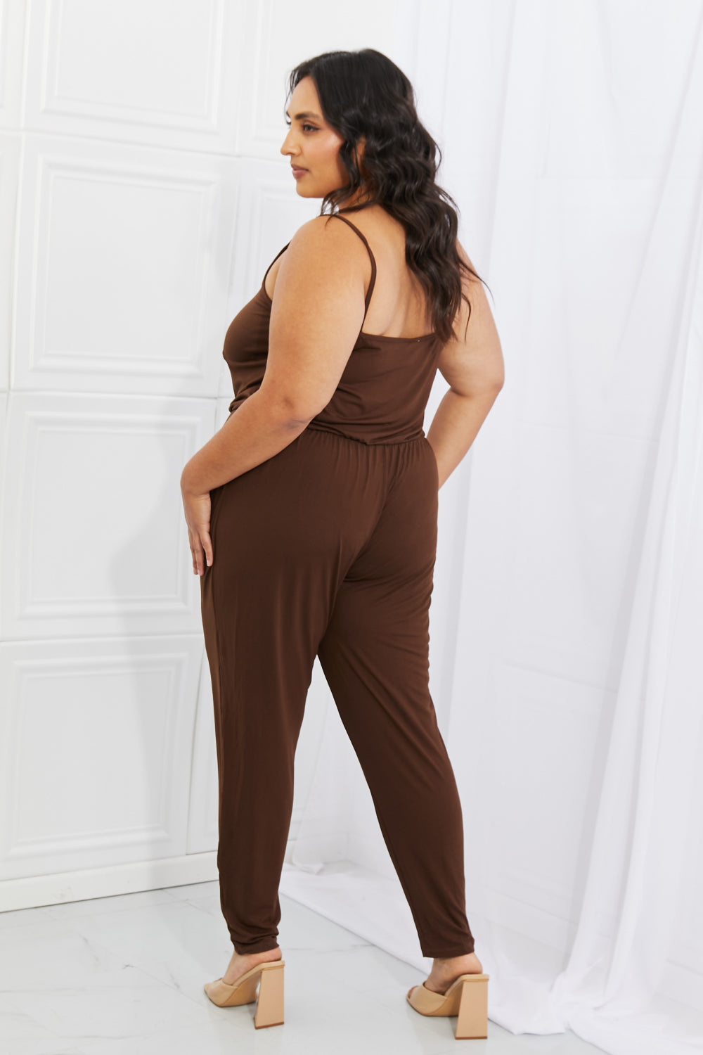 Capella | Comfy Casual Full Size Solid Elastic Waistband Jumpsuit in Chocolate