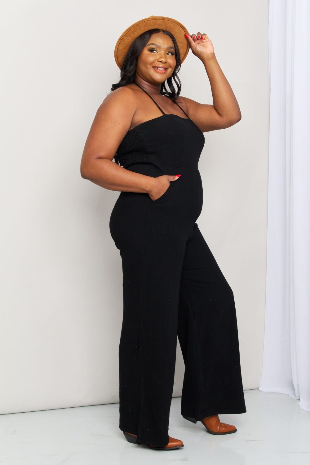 White Birch | Halter Neck Wide Leg Jumpsuit with Pockets