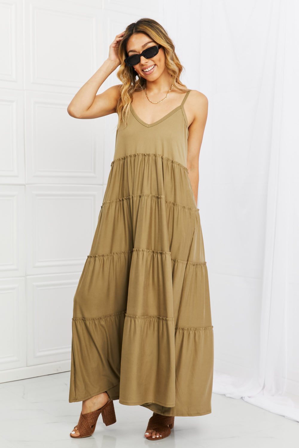 Zenana | Spaghetti Strap Tiered Dress with Pockets in Khaki