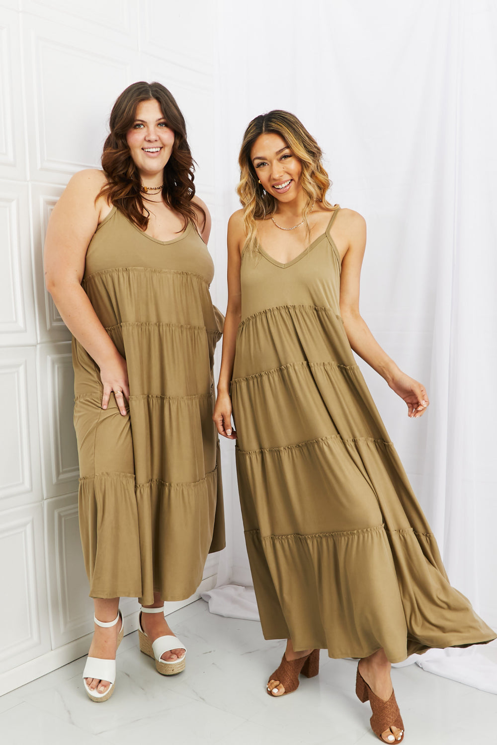 Zenana | Spaghetti Strap Tiered Dress with Pockets in Khaki