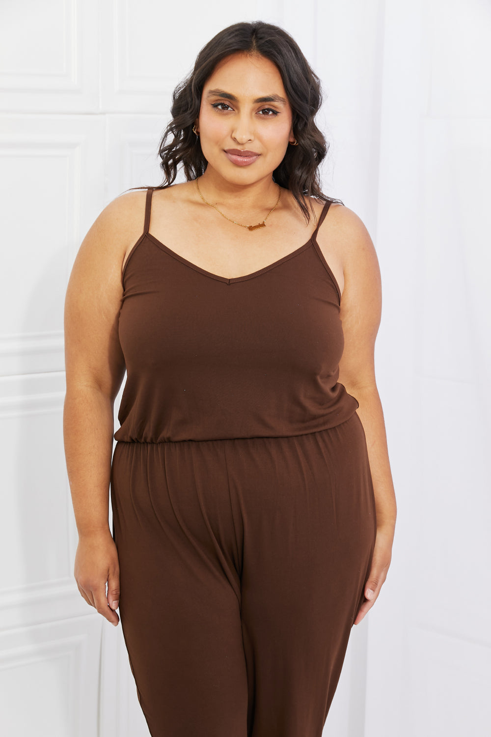 Capella | Comfy Casual Full Size Solid Elastic Waistband Jumpsuit in Chocolate