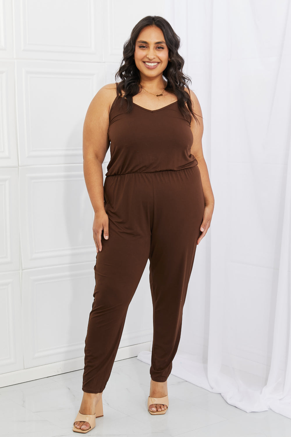 Capella | Comfy Casual Full Size Solid Elastic Waistband Jumpsuit in Chocolate