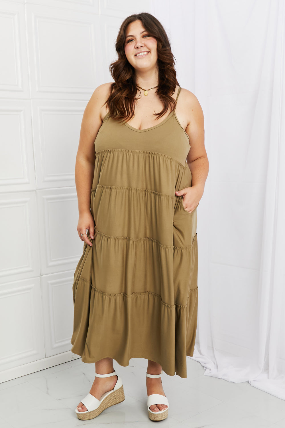 Zenana | Spaghetti Strap Tiered Dress with Pockets in Khaki