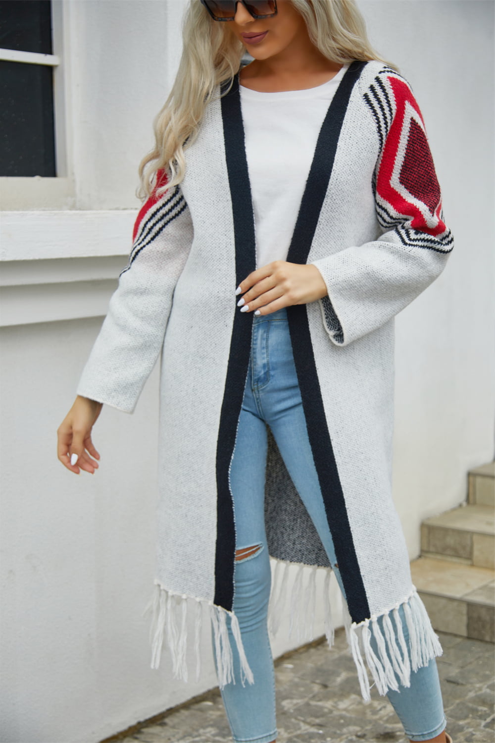 Geometric Fringe Hem Open Front Duster Cardigan