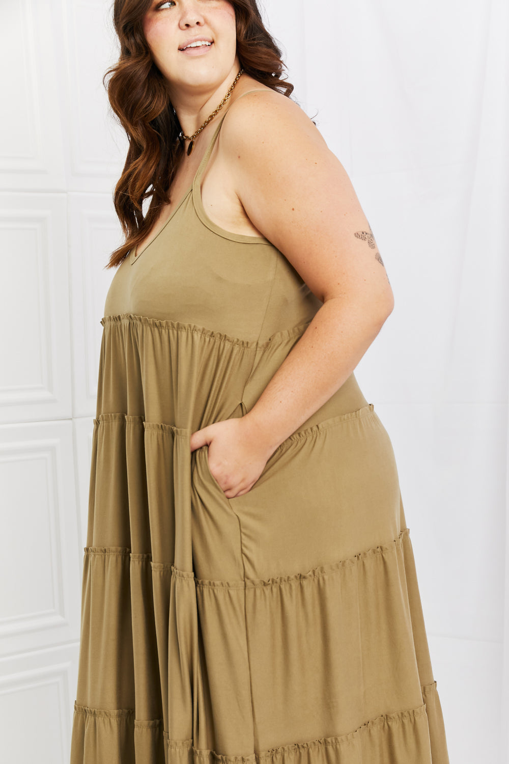 Zenana | Spaghetti Strap Tiered Dress with Pockets in Khaki