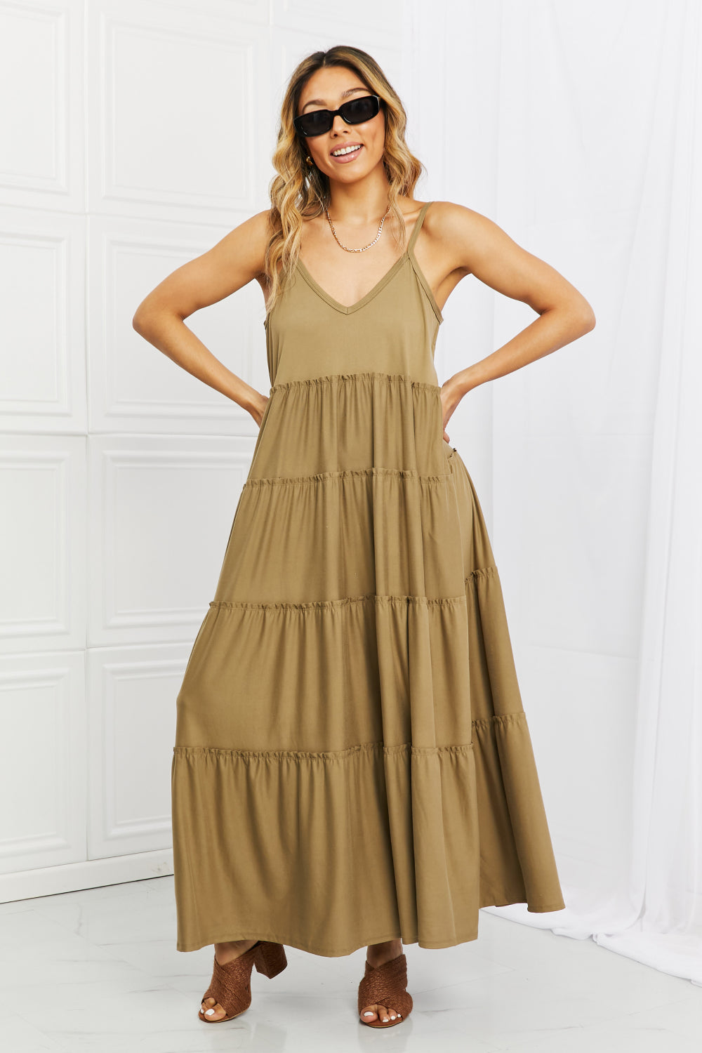 Zenana | Spaghetti Strap Tiered Dress with Pockets in Khaki