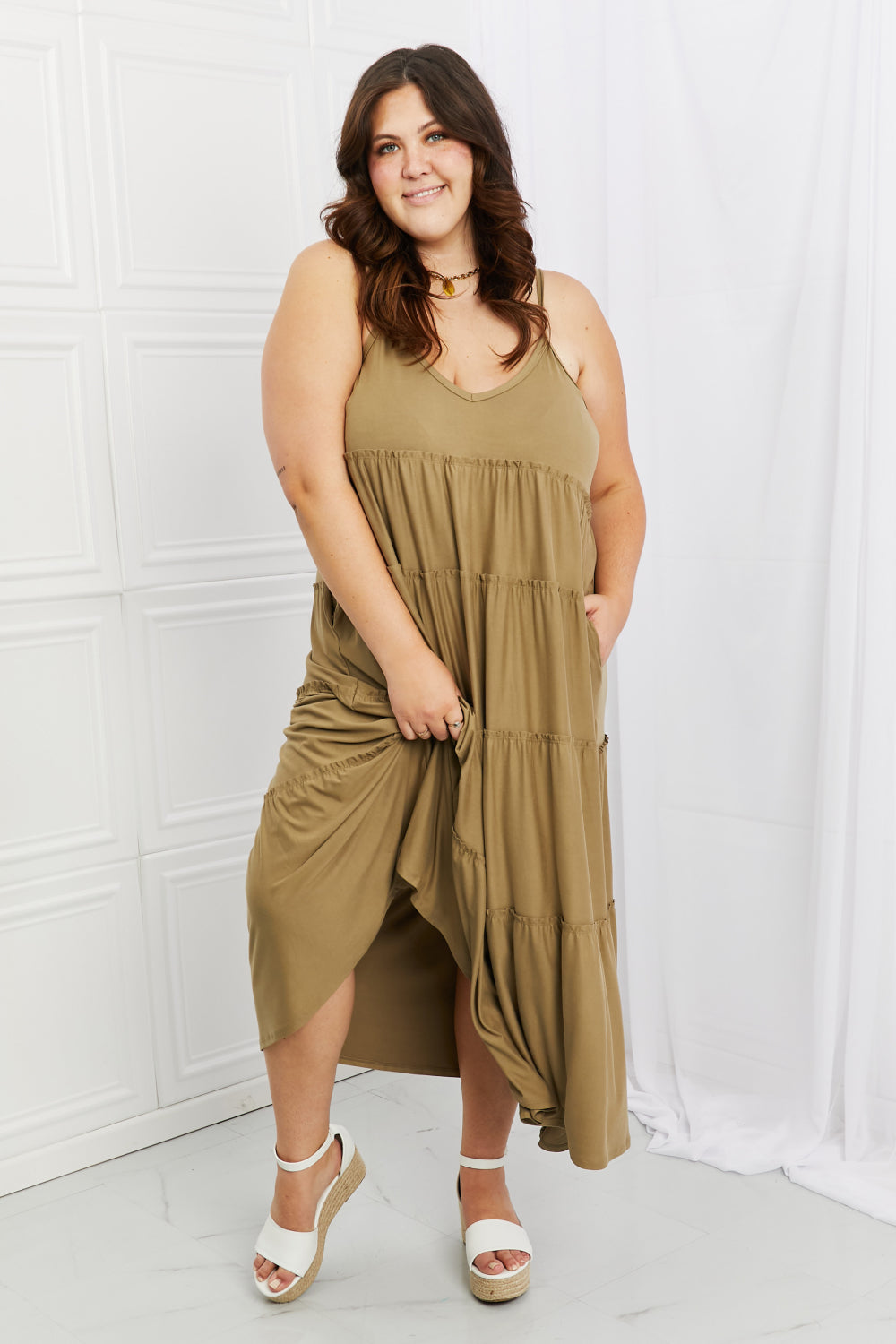 Zenana | Spaghetti Strap Tiered Dress with Pockets in Khaki